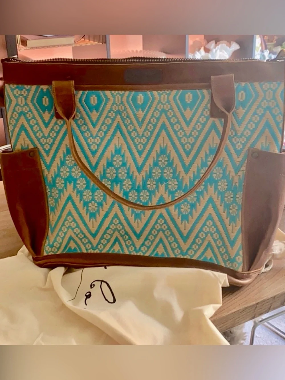 Full Heritage Falseria Nena & Co Leather Woven Geometric Tote Bag Teal Tan Boho